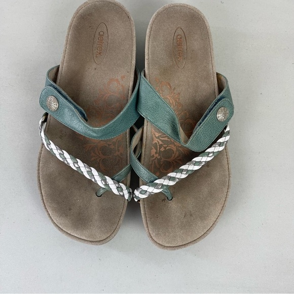 Aetrex Lena Sandals Teal Leather Slide Flip Flops Women's Size 8 Arch Support - Picture 2 of 8